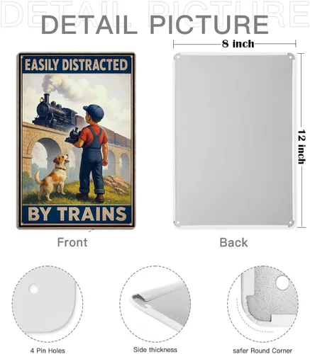 Vista 2 de Letrero de hojalata fácilmente distraído por trenes – Decoración de tren para habitación de niños y hombres – Regalos de tren para papá