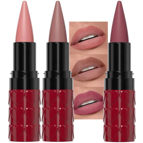 Vista 27 de evpct Combo de delineador de labios metálico rosa brillante y lápiz labial, lápiz labial con punta de cono para mujer, de larga duración