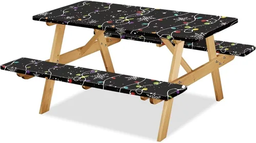 Vista 47 de Juego de 3 calcetines de árbol de Navidad de dibujos animados y galletas, funda de mesa de picnic ajustable con funda de banco, manteles Calcetines