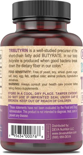 Vista 2 de DEVA Suplemento vegano de tributirina, precursor de butirato, soporte de barrera intestinal, ácido butírico, cápsulas veganas de 500 mg, soporte