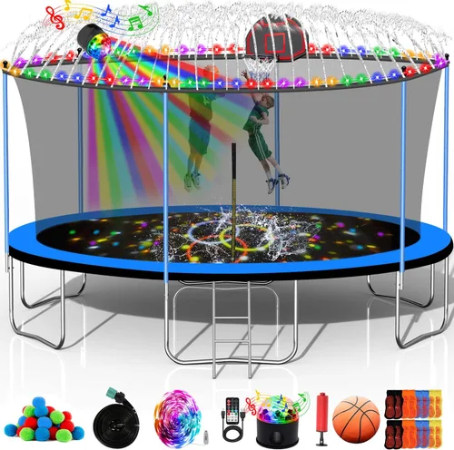 Vista 8 de Trampolín de 10 pies, 12 pies, 14 pies, 15 pies, 16 pies, para niños y adultos, trampolín al aire libre de 1500 libras con aro de baloncesto, red