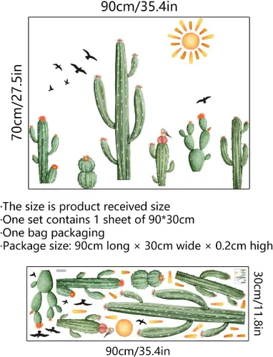 Vista 4 de Calcomanías de Pared de Cactus Boho Calcomanías de Pared de Sol Boho Plantas Tropicales de Cactus Verdes con Pájaros Calcomanías de Pared para Sala