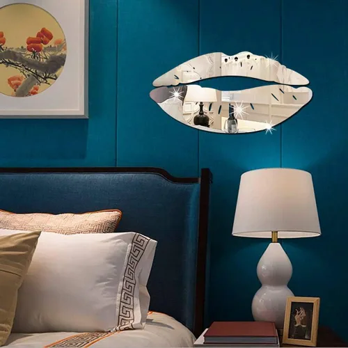 Vista 3 de Juego de 2 calcomanías de pared de espejo de labios de beso 3D maquillaje acrílico DIY arte calcomanías decoración del hogar (plata)