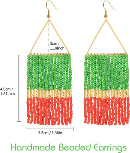 Vista 7 de Aretes de borla hechos a mano, aretes de cuentas de semillas, aretes bohemios con flecos para mujer