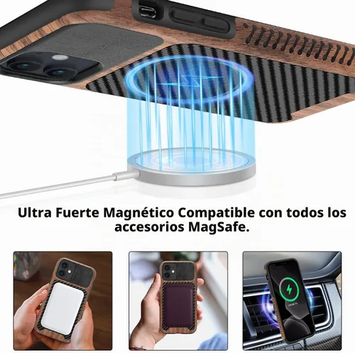 Vista 4 de Funda magnética compatible con iPhone 11 [Compatible con MagSafe] Diseño híbrido de madera y cuero con fibra de carbono, funda protectora a prueba