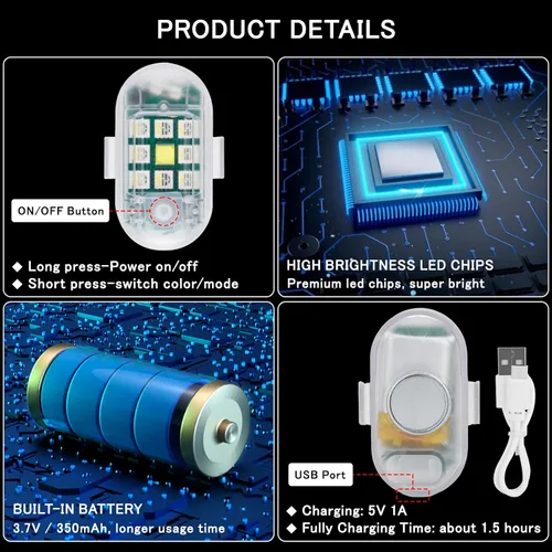 Vista 5 de SEISSO - Kit de 4 luces estroboscópicas LED anticolisión con control remoto inalámbrico - Carga USB, luz de advertencia de emergencia para drones
