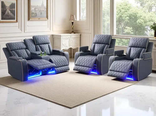 Vista 31 de Juego de sofás reclinables eléctricos, juegos de muebles de sala de estar, sofá reclinable eléctrico moderno negro, sofá biplaza y silla