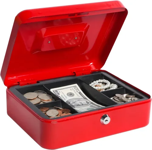 Vista 9 de Caja de dinero pequeña con bandeja de dinero y cerradura, caja de dinero de metal para efectivo, caja de seguridad de 7.87 x 6.3 x 3.54 pulgadas