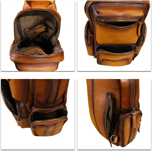 Vista 7 de IVTG Bolso bandolera de cuero genuino para senderismo, estilo vintage, hecho a mano, mochila para el pecho, mochila de hombro, paquete