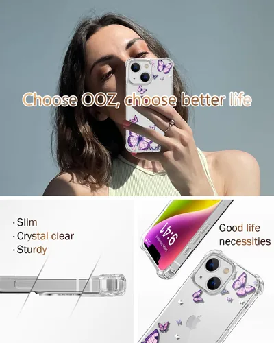 Vista 6 de OOZ Funda de cristal para iPhone 11 Pro (2019) de 5.8 pulgadas, bonita funda protectora transparente, seductor patrón de mariposa morada, suave a