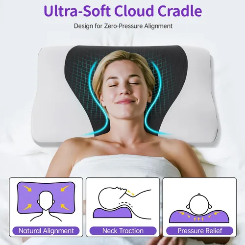 Vista 3 de Almohada de espuma viscoelástica para dormir de espalda, soporte ergonómico similar a una nube, almohada refrescante con funda de satén de seda