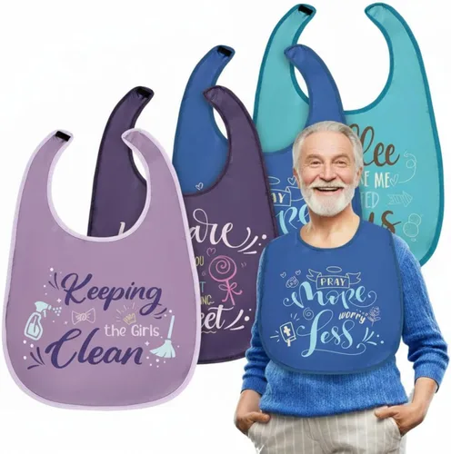 Vista 7 de Zhanmai 4 piezas de baberos divertidos para adultos para mujeres, ancianos y hombres, ajustables, lavables, protectores de ropa de comedor, regalos