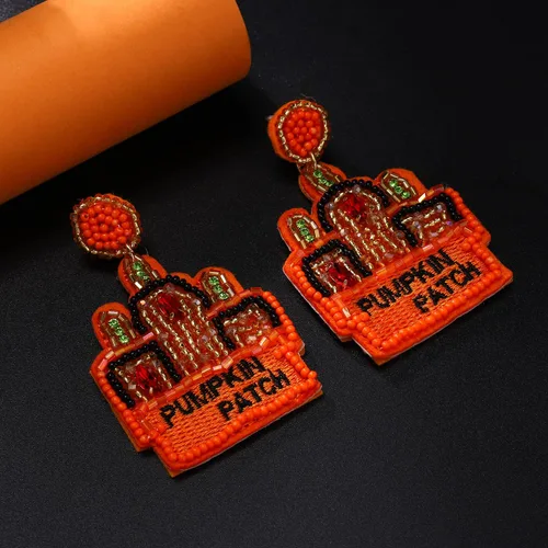 Vista 8 de Aretes de Halloween para mujer, lindos aretes colgantes de calabaza fantasma, con cuentas, espeluznante sombrero de bruja de calavera boo truco RIP