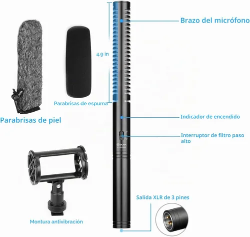 Vista 3 de BOYA Micrófono XLR, Micrófono Shotgun BY-BM6060 con Montura de Choque y Cubierta Antiviento para Cámara DSLR, Micrófonos Condensadores Profesionales