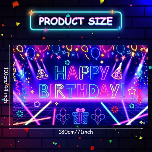 Vista 7 de Decoración de pancarta de fiesta de cumpleaños de neón brillante, telón de fondo de feliz cumpleaños con temática de fiesta