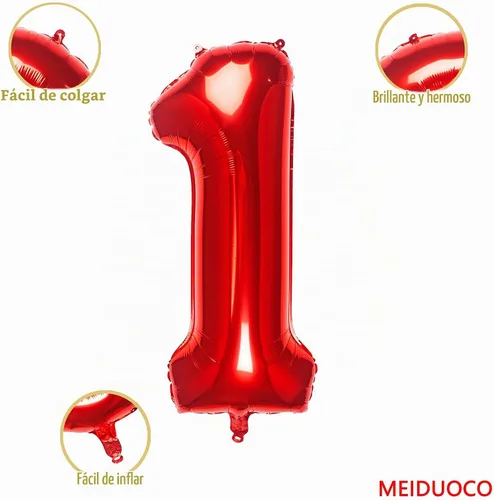Vista 2 de Globos rojos de 32 pulgadas con el número 1 de aluminio para decoración de fiesta de cumpleaños (globo rojo número 1)