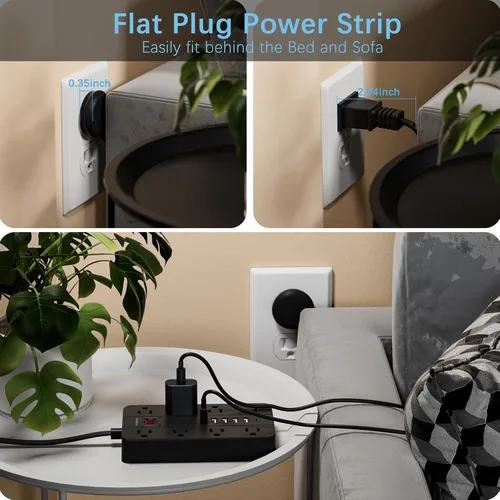 Vista 3 de Tira de alimentación con puertos USB, cable de extensión HUNIAN de 5 pies con enchufe plano y 8 tomas, cargador de 6 USB (1 puerto USB C), protector