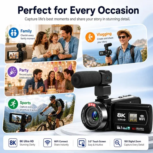 Vista 9 de Videocámara, videocámara 8K de 48 MP 15FPS UHD con Wi-Fi, cámara para vlogging con visión nocturna IR para YouTube, pantalla táctil de 3" con zoom