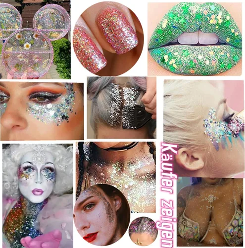 Vista 3 de Paquete de 9 unidades de gel de purpurina corporal, lentejuelas de sirena, purpurina gruesa, para el cabello, uñas, labios, loción brillante