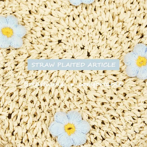 Vista 7 de Sombrero de paja para mujer, sombrero de playa plegable, sombrero de ala ancha, Flor beige-azul