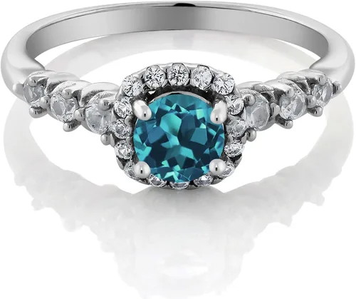 Vista 2 de Gem Stone King Anillo de compromiso redondo de plata de ley 925 con topacio azul londinense y zafiro blanco creado para mujer