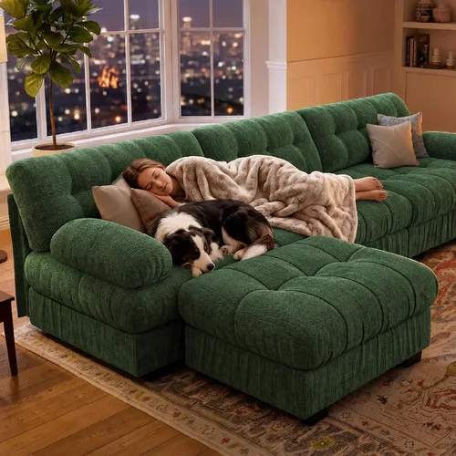 Vista 7 de Sofá modular de gran tamaño de 90 pulgadas con otomana móvil, asiento profundo en forma de L, cómodo sofá de nube de felpilla de 3 asientos modernos