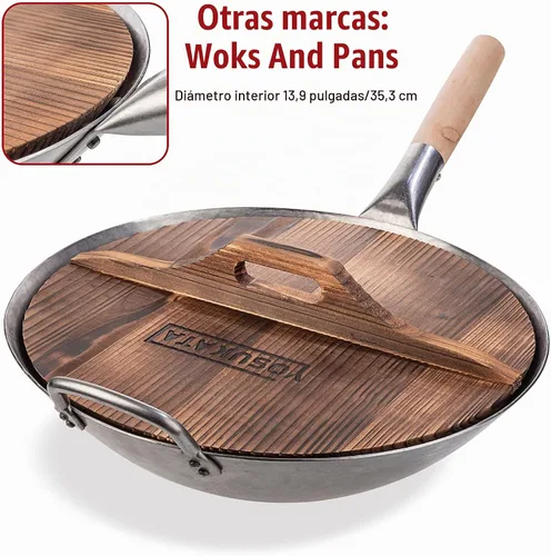 Vista 5 de YOSUKATA Funda Wok Premium 13.2" para Wok 13.5"- Tapa de madera para sartén
