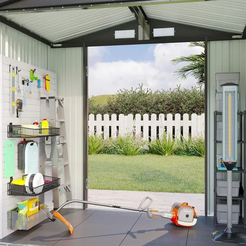Vista 7 de Aoxun Cobertizo de 6 x 4 pies con piso de acero galvanizado resistente al aire libre con puertas dobles, diseño ventilado resistente a la intemperie