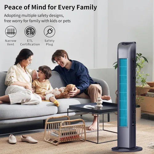 Vista 5 de Uthfy Ventilador de torre oscilante para dormitorio, ventilador de pie portátil con control remoto, 3 modos, 3 velocidades, temporizador de 7.5