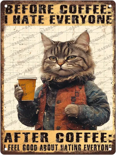 Vista 28 de Cartel de metal de café con diseño de perro y cafetería, diseño de pastor australiano, decoración de pared, 12 x 8 pulgadas