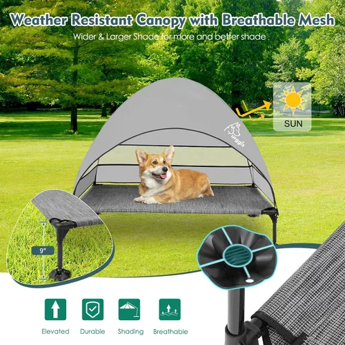 Vista 6 de Cama elevada mejorada para perros con toldo, cama elevada portátil para perros al aire libre con pies antideslizantes estables, cama para mascotas