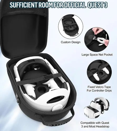 Vista 2 de YRXVW Large Hard Carrying Case Compatible with MetaOculus Quest 3, VR Headset with Elite Strap and Touch Controller, and Headstrap VR Accessories