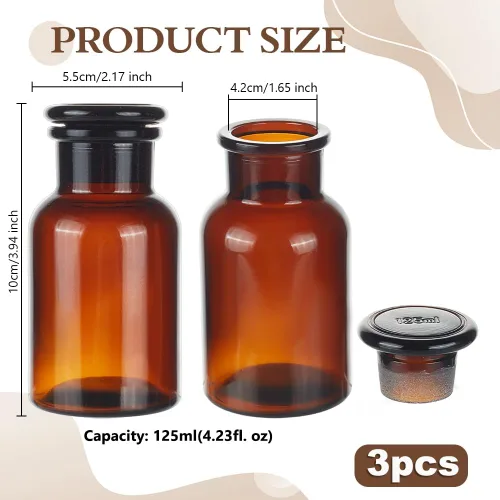 Vista 2 de OLYCRAFT 3 botellas de reactivo de vidrio de laboratorio de 4.2 fl oz/4.23 oz botellas de medios de reactivo ámbar botellas de almacenamiento