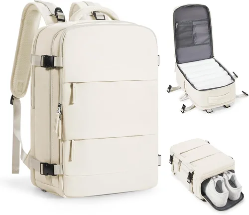 Vista 74 de Mochila de viaje grande, bolsa de mano, aprobada para aviones, para artículos personales, para hombre o mujer, color beige con marrón