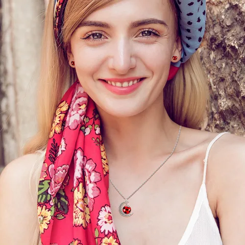 Vista 5 de HAIAISO Joyería de mariquita de la buena suerte pulsera de mariquita roja collar de luna juego de aretes para amantes de las mariquitas regalo