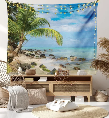Vista 7 de Lunarable Tapiz de playa tamaño King, romántico paisaje tranquilo de playa, palmeras en la isla del Caribe, fotografía de naturaleza, colcha