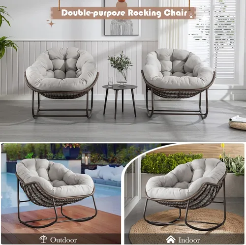 Vista 6 de Mecedora para patio al aire libre, silla mecedora de huevos de ratán para interiores, cómoda silla Papasan de gran tamaño con cojín más grueso
