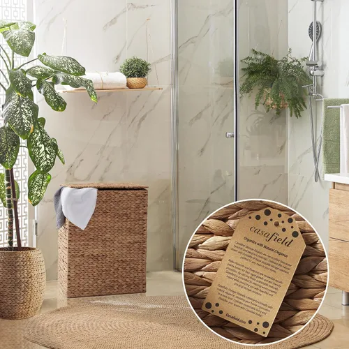 Vista 2 de Casafield gran cesta de lavandería con tapa y bolsa interior extraíble - Canela, cesta de lavandería rectangular tejida de jacinto de agua