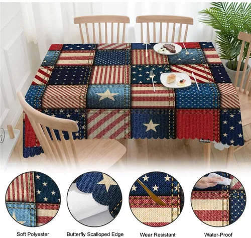 Vista 4 de [Usado] Mantel de bandera estadounidense para mesas rectangulares, retazos de mezclilla de bandera estadounidense, cubierta de mesa de picnic