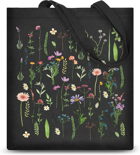 Vista 14 de AUSVKAI Bolsa de lona estética para mujer, lindas bolsas de algodón reutilizables de tela para compras, playa, comestibles, Libro de flores de gato