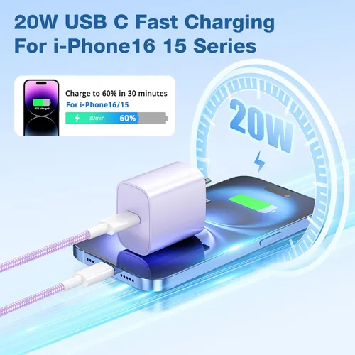 Vista 4 de para iPhone 16 15 Cargador de Carga Rápida [4 Pack] Cargador de Pared USB C de 20W con Cable de Carga USB C de 6 Pies para iPhone 16 15 Pro Max/15