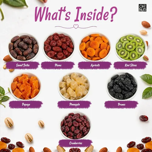 Vista 4 de Oh! Nuts Cesta de regalo de frutas secas en forma de corazón, 8 variedades tropicales gourmet, albaricoques, dátiles, ciruelas pasas, arándanos