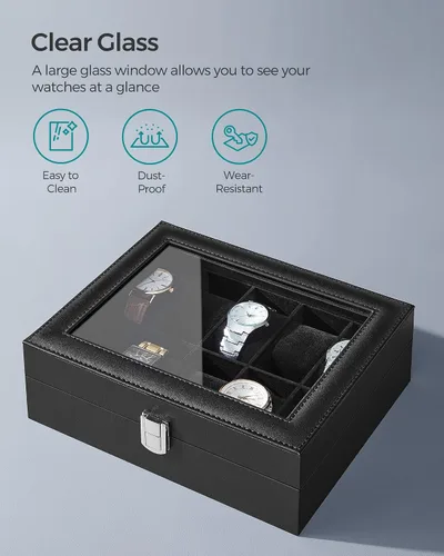 Vista 3 de SONGMICS Caja de reloj, caja de reloj de 10 ranuras con tapa de vidrio grande, almohadas extraíbles para reloj, organizador de caja de reloj, regalo