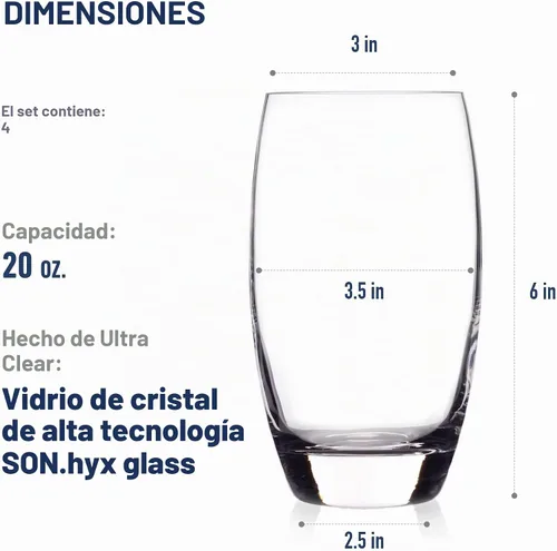 Vista 2 de Luigi Bormioli Crescendo Vasos Highball - Juego de 4 vasos altos de cristal sin plomo de 20 onzas con base gruesa, bordes cortados con láser