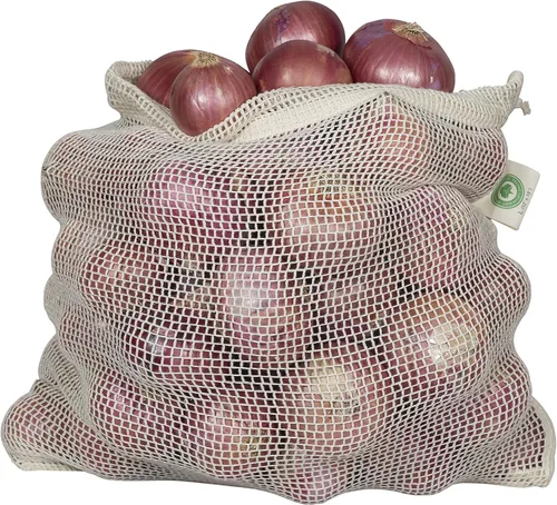 Vista 13 de Bolsas reutilizables de malla de algodón para productos – 100% algodón orgánico, duraderas, doble costura, lavables con peso de tara y cordón
