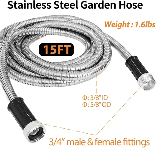 Vista 2 de Sutekus Manguera de jardín de metal de acero inoxidable de 15 pies, flexible y sin torceduras para uso en exteriores (sin pulverizador)