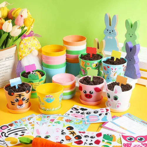 Vista 5 de Capoda Juego de 24 macetas de jardín, kit de manualidades, macetas de plástico de primavera para vivero con calcomanías, tablas de crecimiento