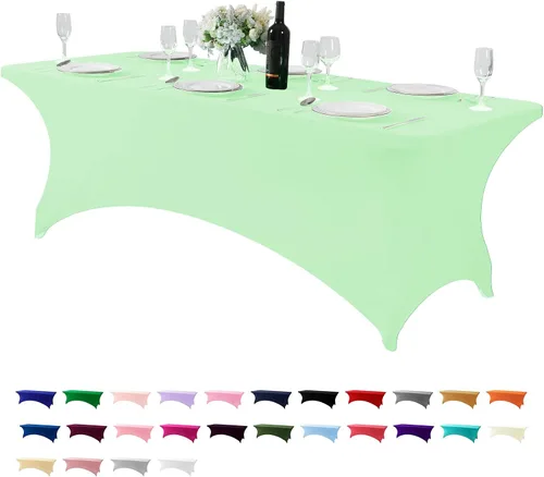 Vista 23 de Mantel de elastano para mesa de 6, 4 o 8 pies, universal, ajustable, para fiestas, banquetes, bodas y eventos, color verde manzana