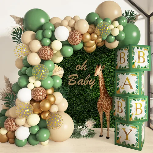 Vista 8 de Decoraciones de fiesta de cumpleaños de dinosaurios con 4 cajas temáticas de dinosaurios verde, marrón y negro, kit de arco de globos de papel