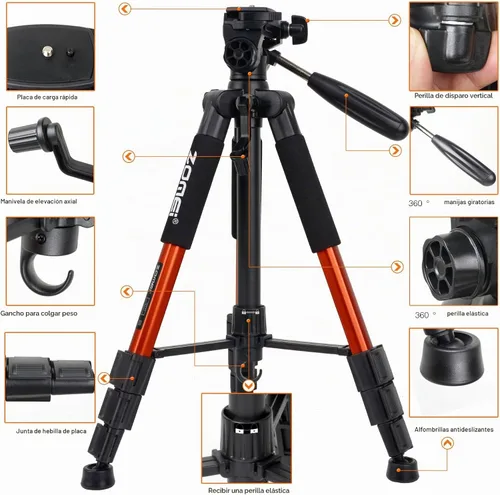 Vista 2 de Trípode de aluminio portátil de viaje ligero compacto Q111 de 55 pulgadas para Canon Nikon Sony DSLR Cámara YouTube teléfono con estuche de Rojo